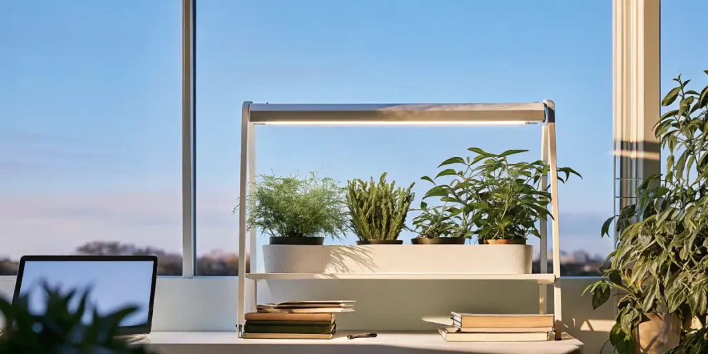Annaboto grow system positioned by a large window with multiple potted plants receiving LED and natural light.