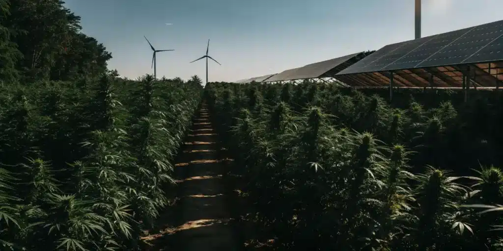 Dense cannabis plants thriving in rows beneath solar panel structures with wind turbin.