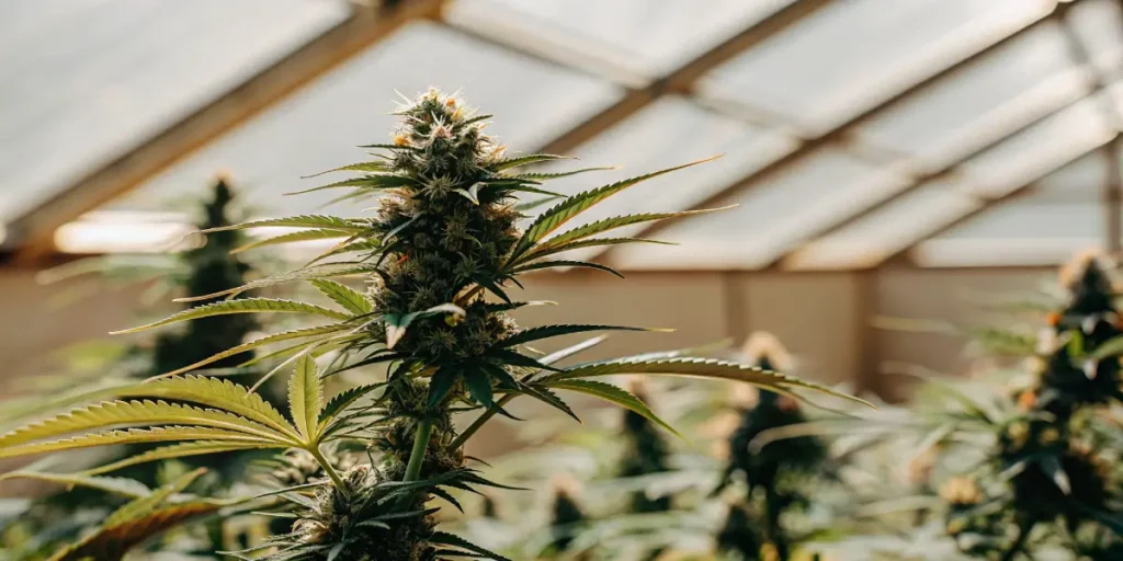 Flowering cannabis plant inside a greenhouse with vibrant buds and green leaves.