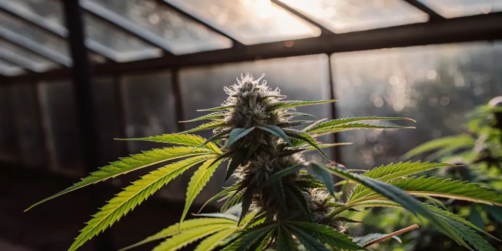 Close-up of a cannabis flowering plant inside a greenhouse at sunset, showing resinous buds and healthy green leaves.
