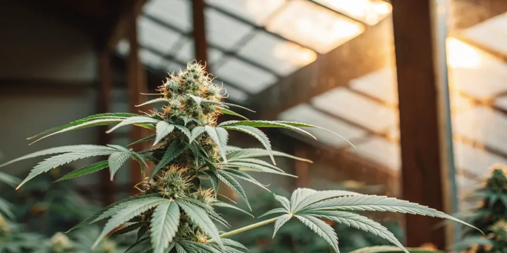 Close-up of a cannabis plant in full bloom inside a greenhouse with warm sunlight in the background.
