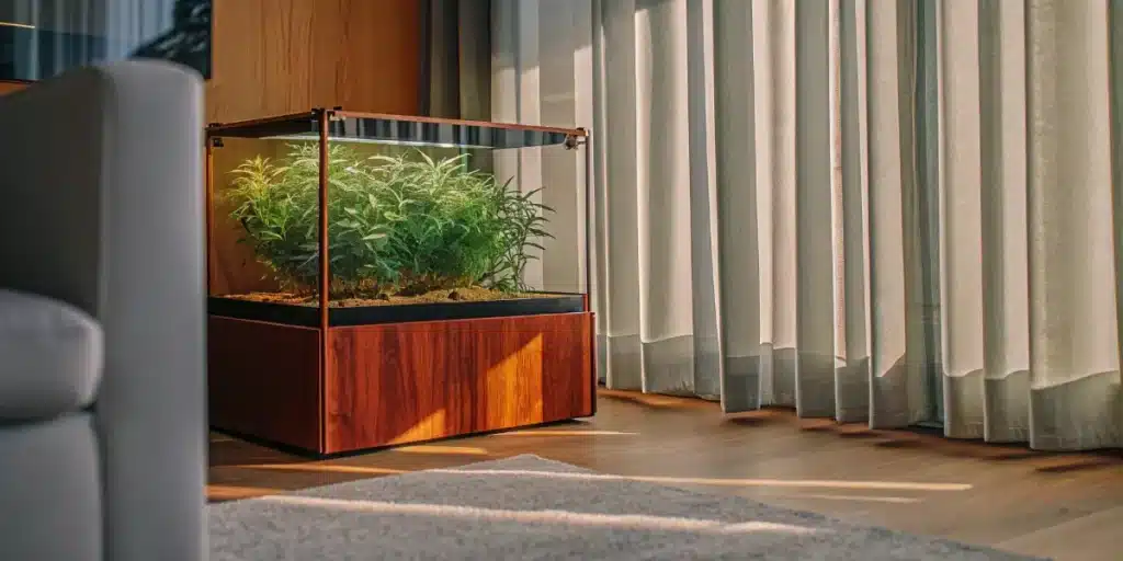 Compact wooden cannabis grow box with glass enclosure placed in a sunlit modern living room.