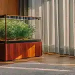 Compact wooden cannabis grow box with glass enclosure placed in a sunlit modern living room.