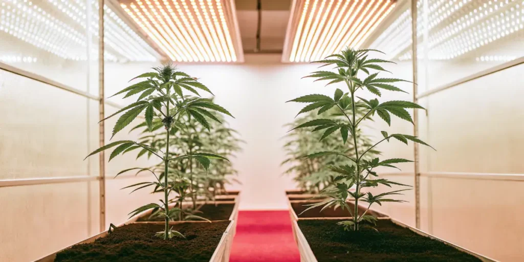 Cannabis plants in the vegetative stage growing in pots under bright LED grow lights in an indoor cultivation room.