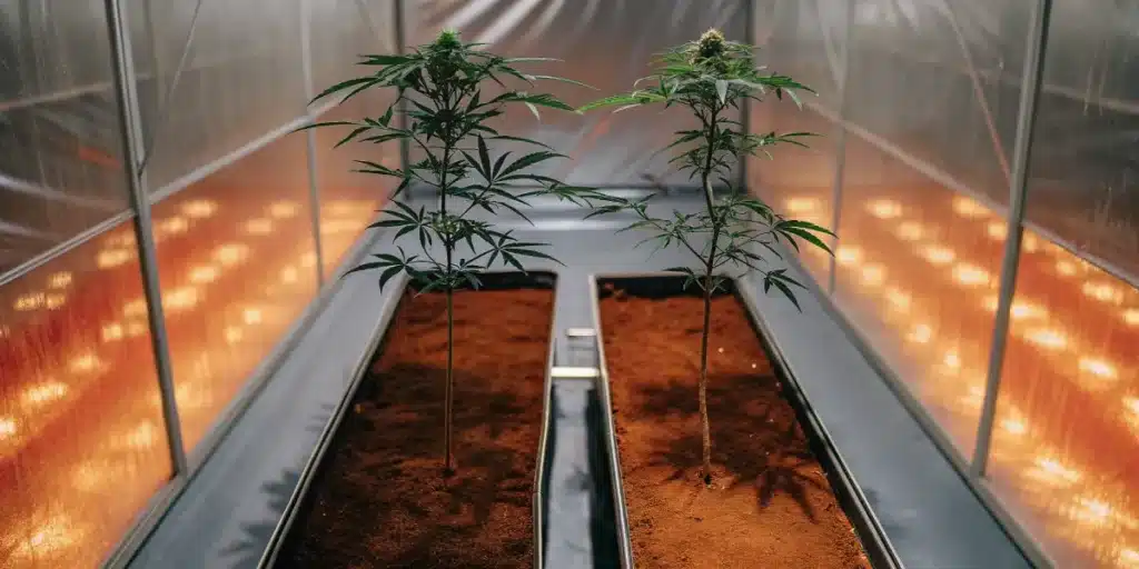 Two thin cannabis plants growing in a reflective indoor grow room with warm artificial lighting.