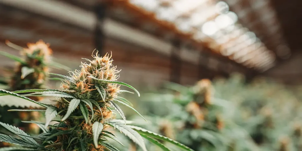 Close-up of a mature cannabis bud growing in a greenhouse with vibrant orange pistils and dense trichomes.