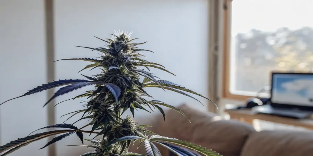 Mature cannabis plant with purple-tinted leaves growing indoors beside a home office desk.