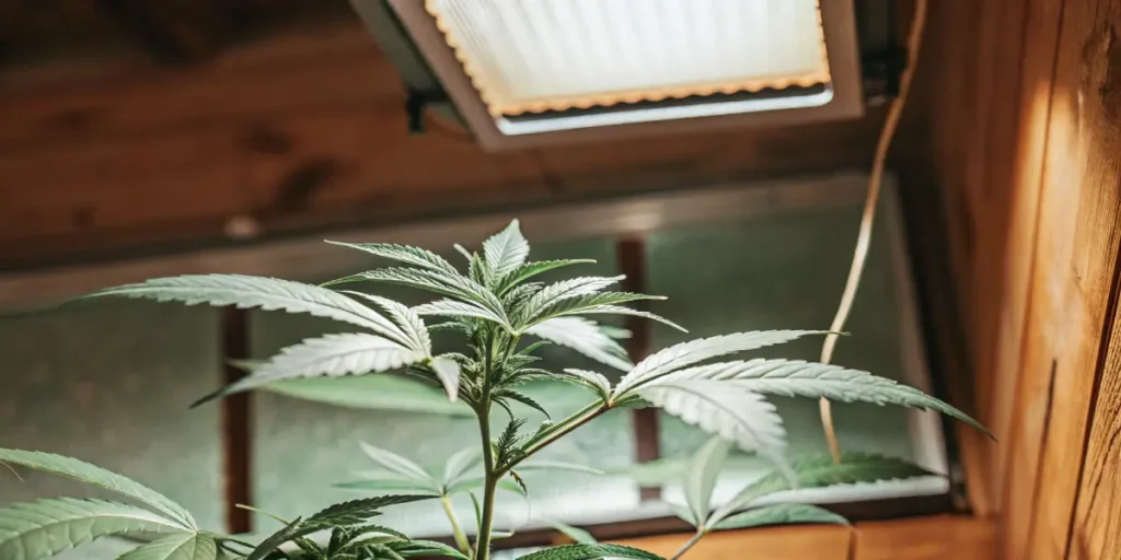 Cannabis plant illuminated by an LED grow light in an indoor wooden grow room.