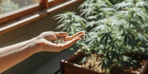 Hand holding cannabis seeds in a greenhouse with young plants growing in the background