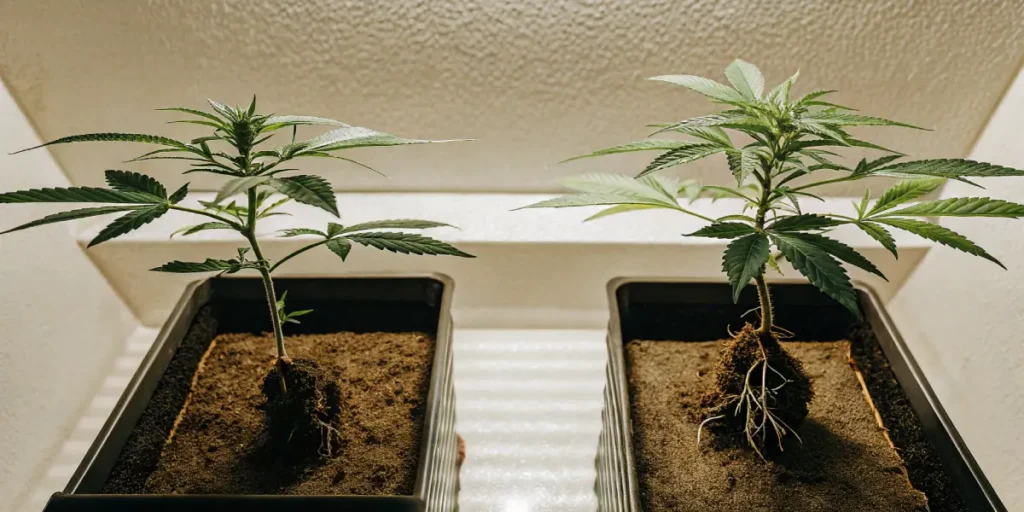 Two young cannabis plants with exposed roots placed in pots, showing early transplanting under controlled indoor lighting.