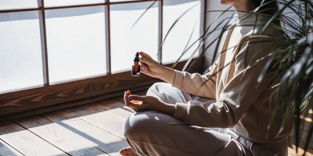 Person meditating cross-legged while holding a CBD oil bottle in a bright room with soft natural light.