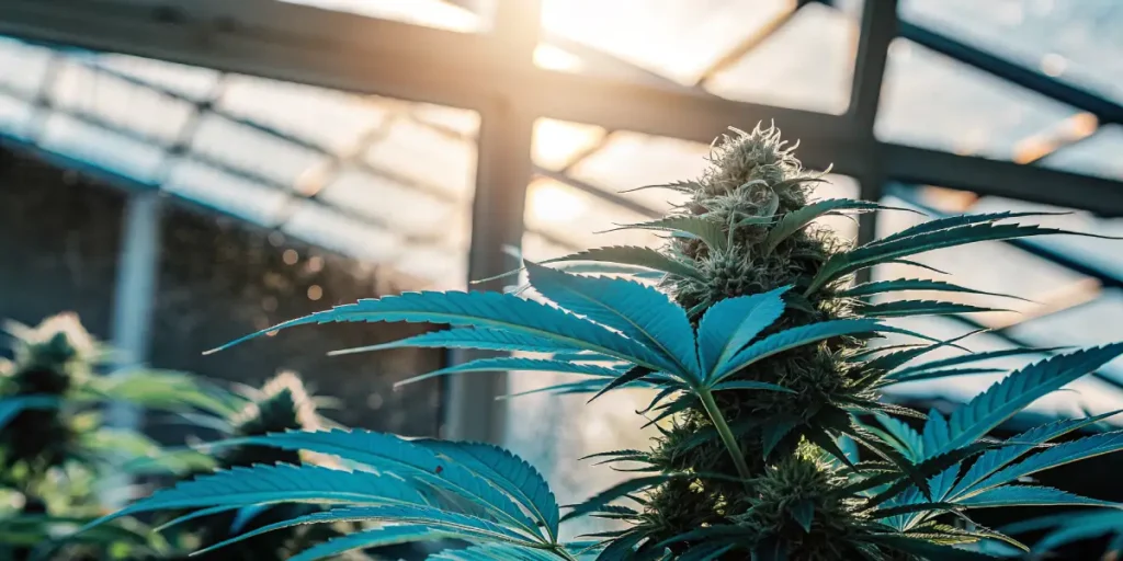 Close-up of a cannabis plant in a greenhouse illuminated by warm sunlight.