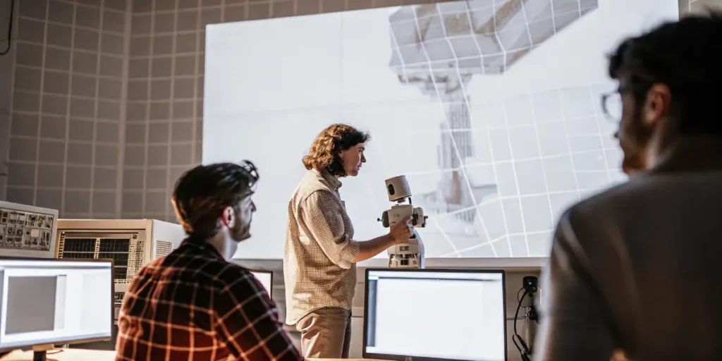 Engineers and researchers working with advanced robotics equipment inside a modern laboratory.