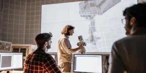 Engineers and researchers working with advanced robotics equipment inside a modern laboratory.