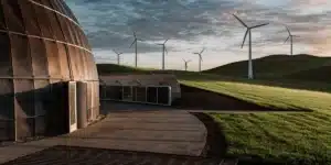Modern renewable energy facility surrounded by wind turbines on green hills