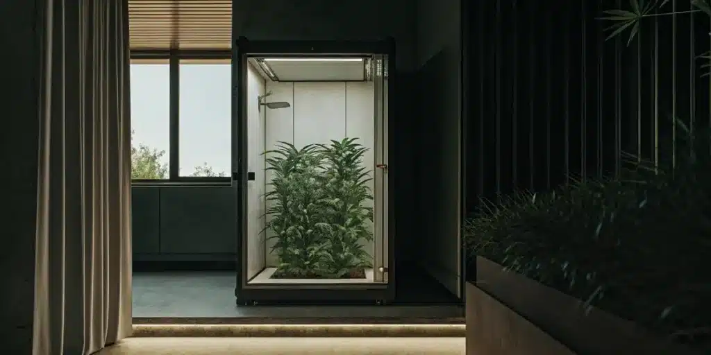 Indoor grow box filled with healthy cannabis plants under a controlled lighting system.