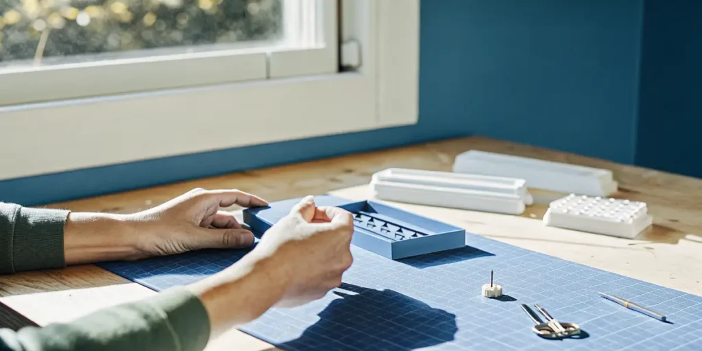 Hands assembling small components on a crafting desk with tools, a cutting mat, and daylight from a nearby window.