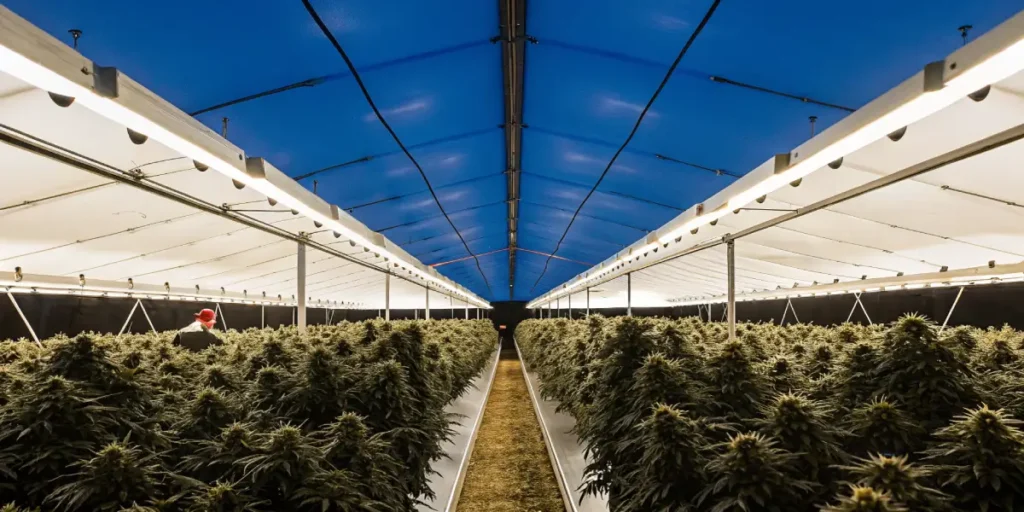 Indoor cannabis grow room with dense flowering plants under a blue canopy and bright overhead lighting.