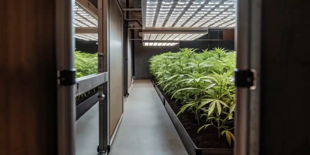 Young cannabis plants growing in an indoor grow room with LED lighting and controlled conditions.