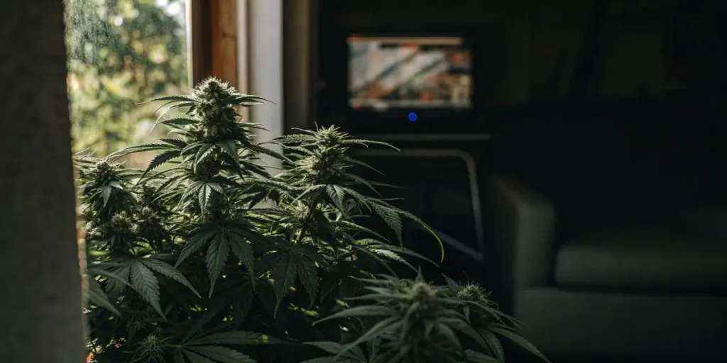 Indoor cannabis plant growing near a sunny window in a cozy living room.