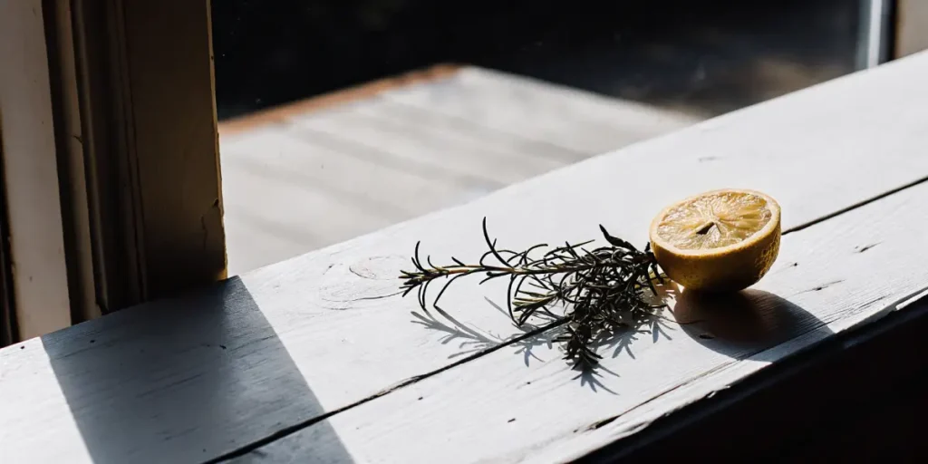 A half lemon and a sprig of rosemary resting on a sunlit wooden windowsill.