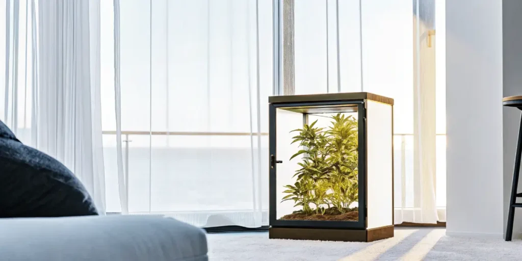 Modern cannabis grow box with glass panels displayed in a bright home interior near large windows.