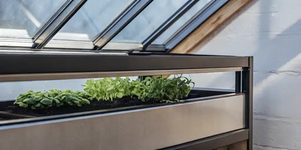 Modern hydroponic greenhouse system with fresh green seedlings growing under natural sunlight.