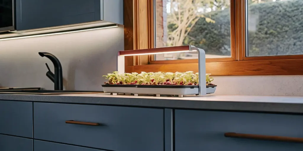 Herb seedlings thriving under a modern indoor grow light next to a kitchen window.
