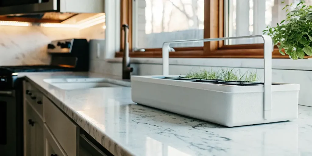 Smart indoor garden planter with LED grow light on a bright marble kitchen countertop.