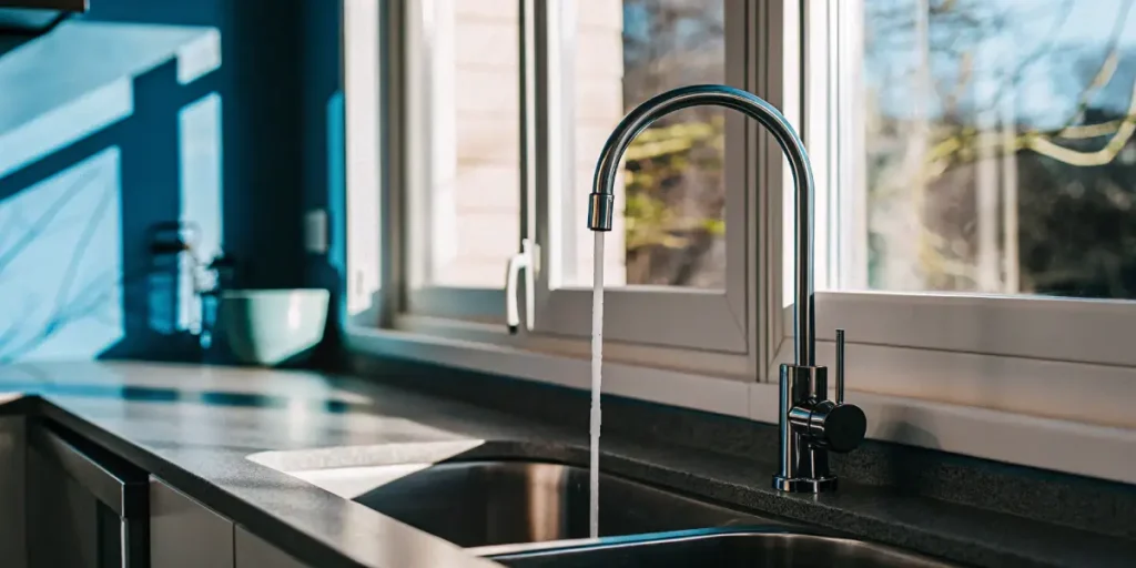 Modern kitchen faucet running fresh water into a stainless-steel sink.
