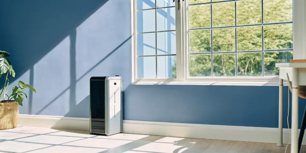 Modern smart grow box placed in a sunlit living room beside a large window and decorative indoor plants.