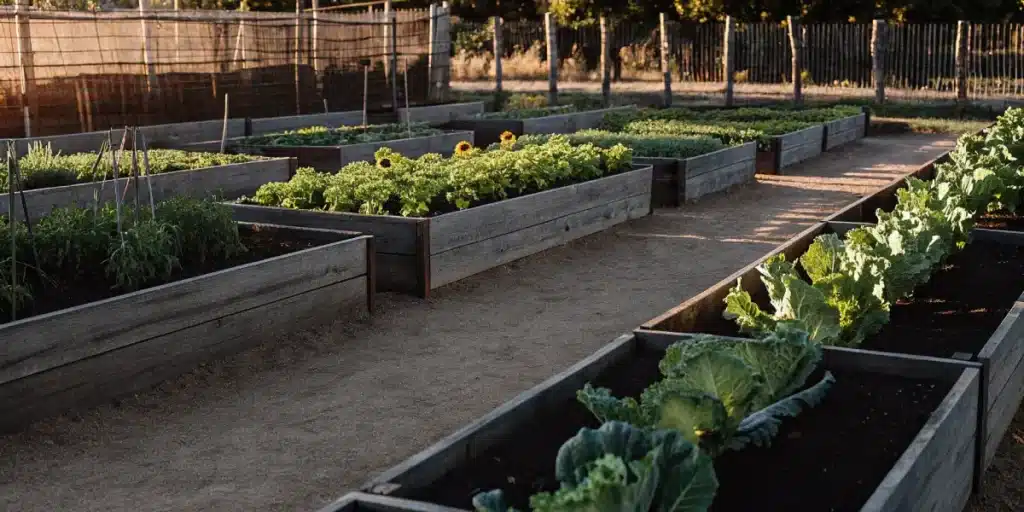 Organic raised bed garden with leafy vegetables and blooming sunflowers illuminated by warm evening light.