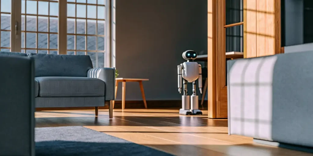 A small humanoid home assistant robot standing in a modern living room with soft natural light.
