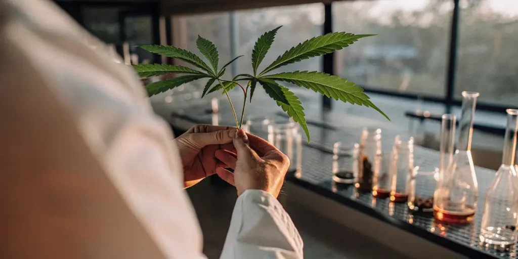 Scientist examining a fresh cannabis leaf in a laboratory setting