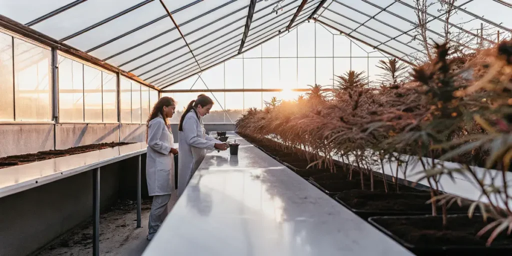 Scientists examining cannabis plants inside a sunlit greenhouse