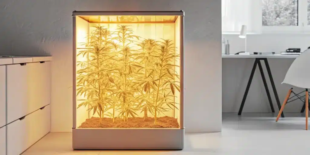 Cannabis plants in a smart indoor grow box illuminated with warm yellow LED light during the flowering stage.