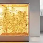 Cannabis plants in a smart indoor grow box illuminated with warm yellow LED light during the flowering stage.