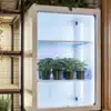 Smart grow box with LED lighting containing potted plants on shelves inside a modern indoor kitchen garden.