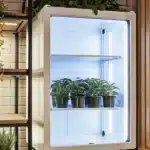 Smart grow box with LED lighting containing potted plants on shelves inside a modern indoor kitchen garden.
