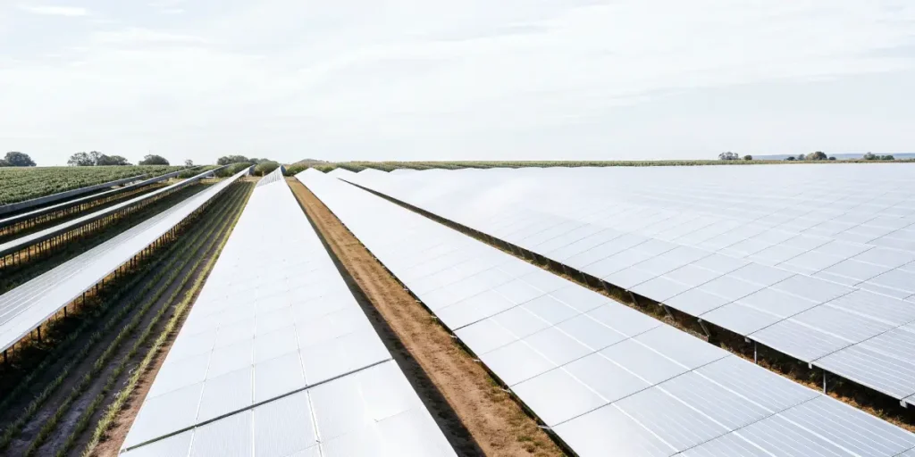 Wide view of a large agricultural field covered with rows of solar panels for renewable energy.