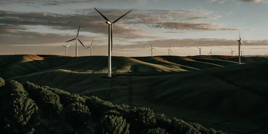 Wind turbines spinning across rolling green hills at sunset