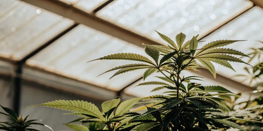 Young cannabis plant with bright green leaves growing inside a greenhouse under sunlight.