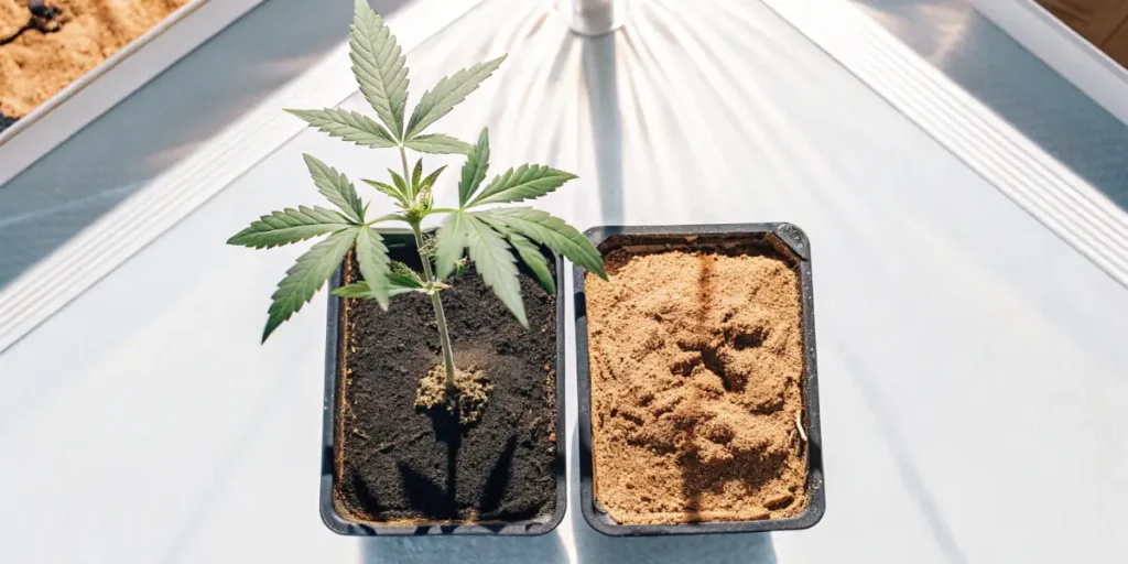 Young cannabis plant growing in rich dark soil next to an empty pot filled with dry substrate under bright indoor light.