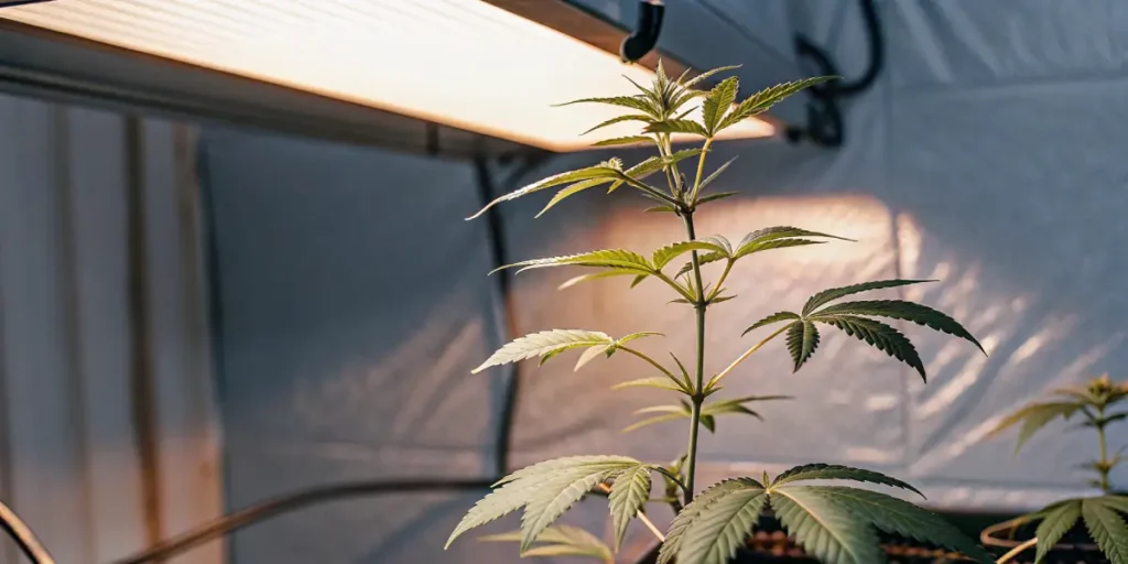 Young cannabis plant growing under an indoor grow light inside a reflective grow tent.
